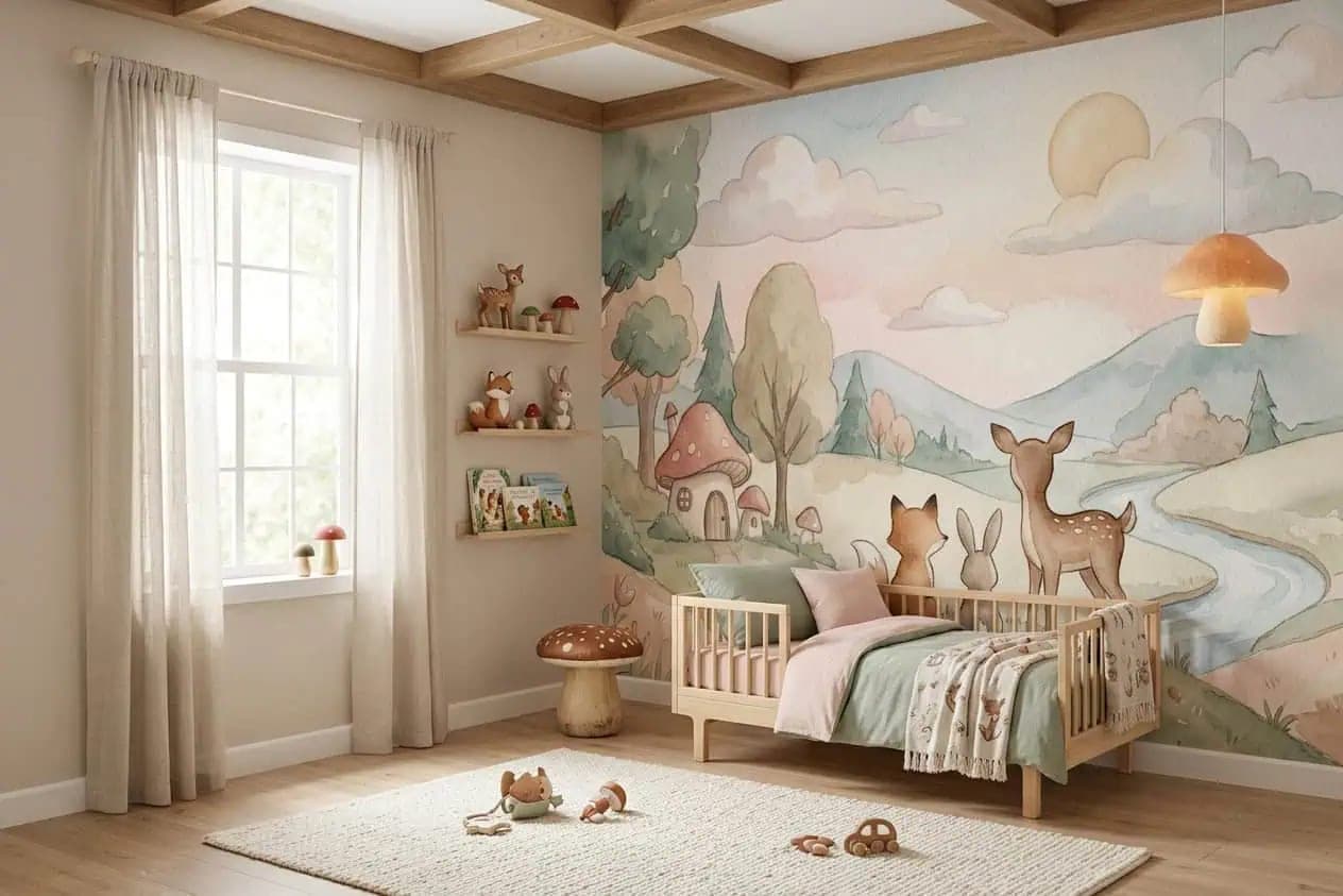 sprookjesachtig bos hert, vos en konijn pastelkleuren behang op maat