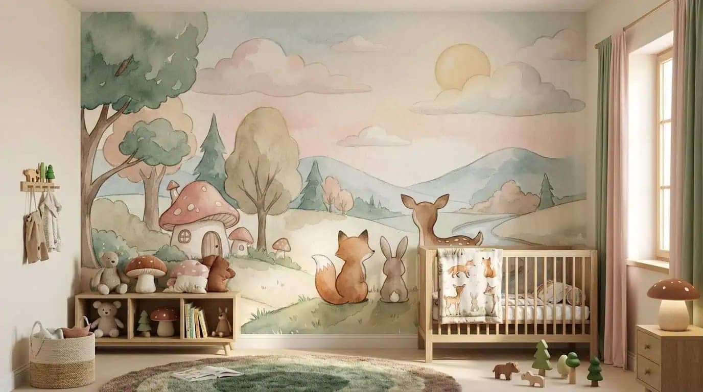naadloos sprookjesachtig bos hert, vos en konijn pastelkleuren behang op maat