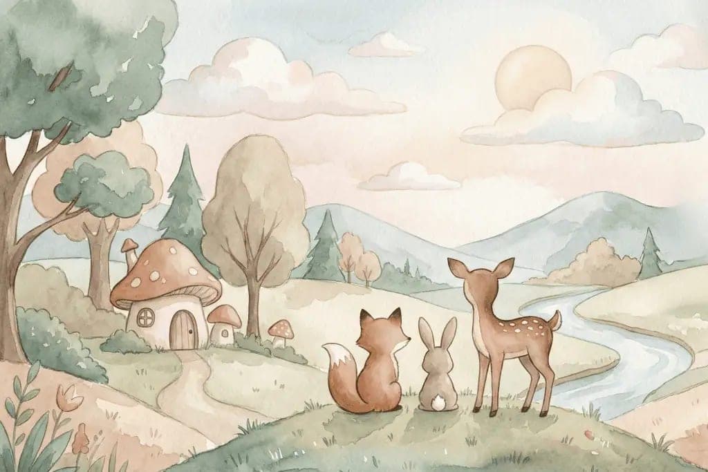 Fotobehang Sprookjesachtig Bos met Hert, Vos en Konijn in Pastelkleuren