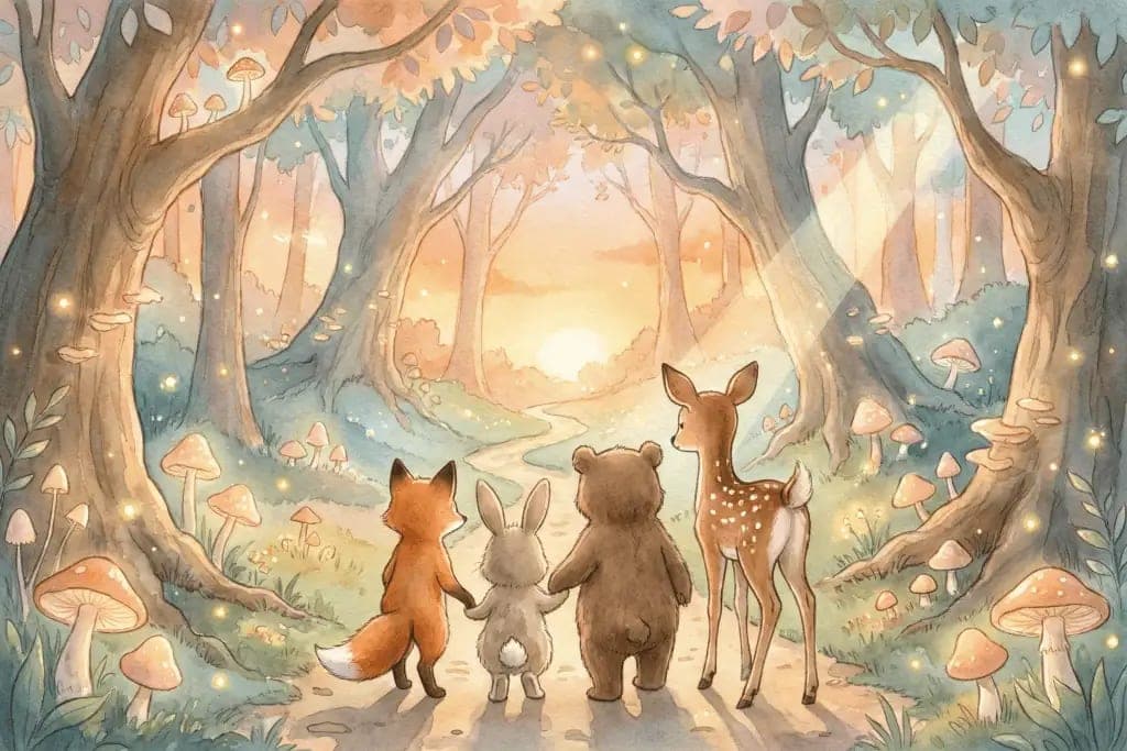 Fotobehang Sprookjesbos met Vos, Beer, Konijn en Hert bij Zonsopgang