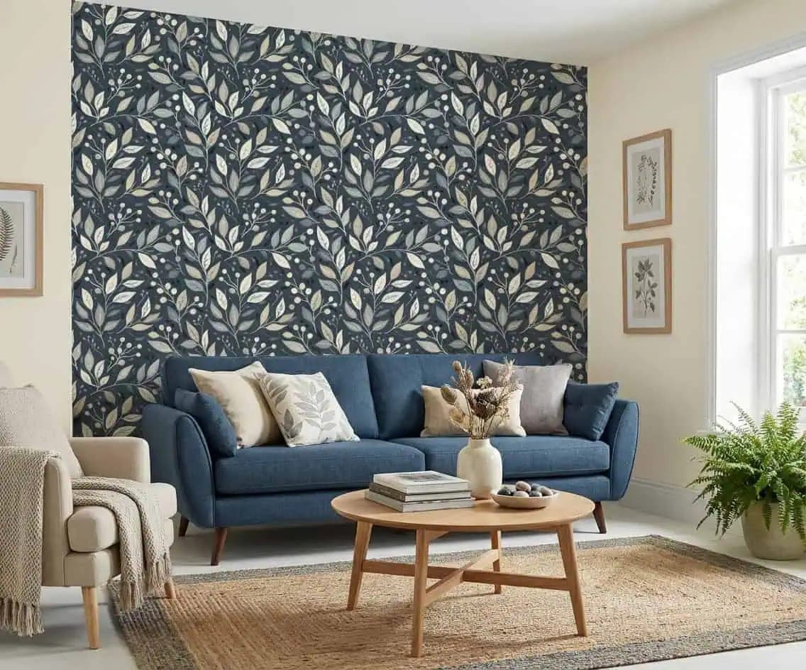 botanische takken en bessen blauwgrijs behang op maat