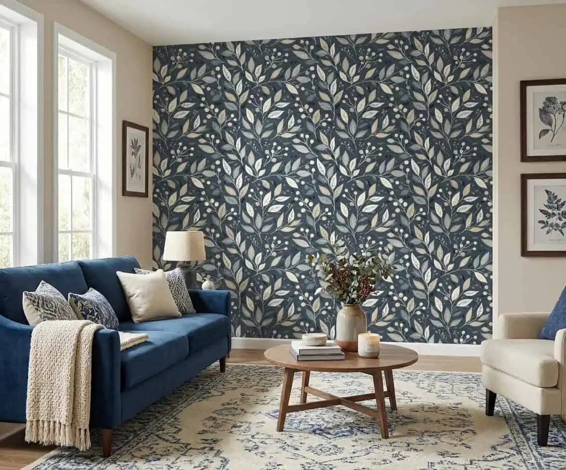 naadloos botanische takken en bessen blauwgrijs behang op maat