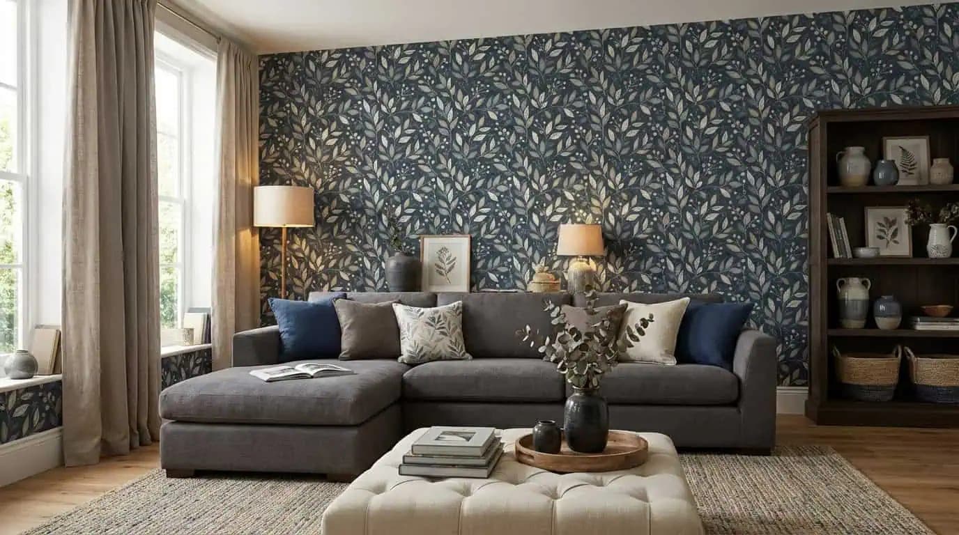 botanische takken en bessen blauwgrijs behang — naadloos op maat geprint