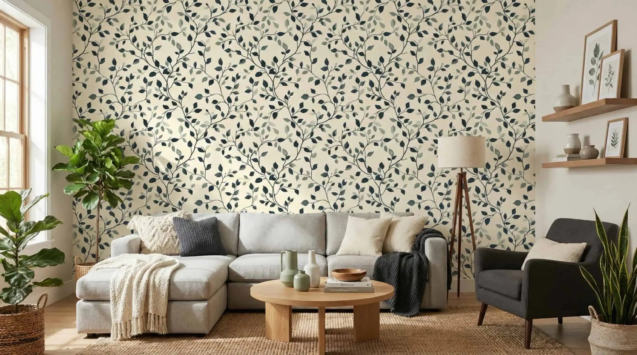 donkergroene botanische takkentwist op crème behang op maat in beige