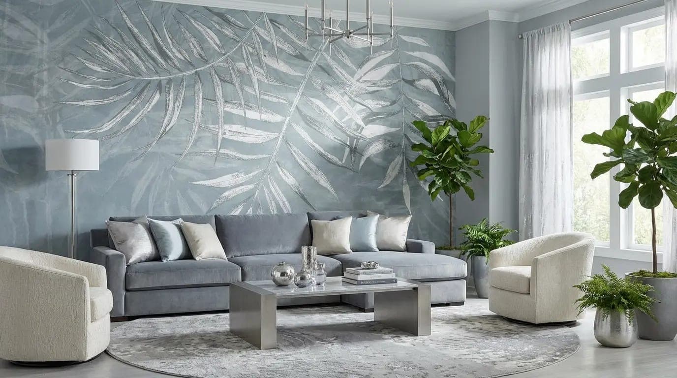 botanische palmbladeren op mistig blauwgrijs behang op maat
