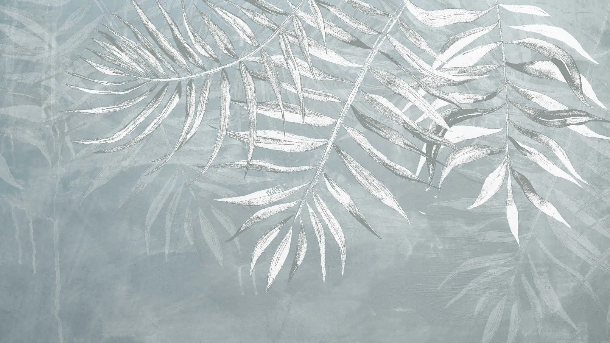 Fotobehang Botanische Palmbladeren op Mistig Blauwgrijs
