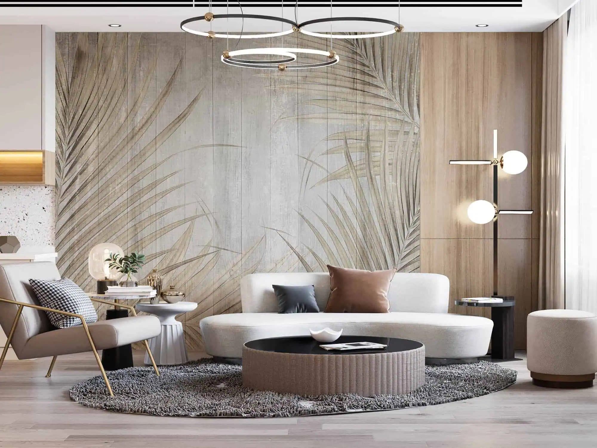 naadloos botanische palmbladeren op verweerde houtlook behang op maat