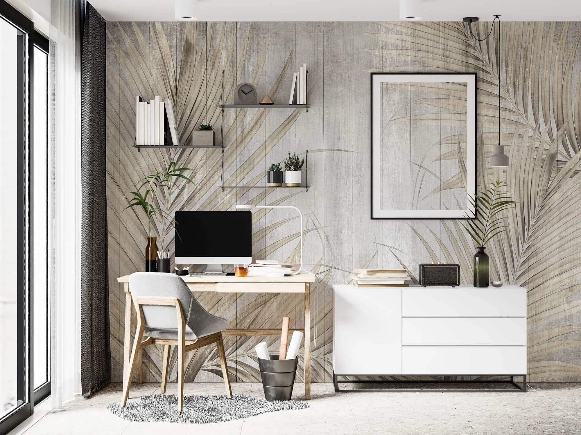 botanische palmbladeren op verweerde houtlook behang in beige en bruin — naadloos op maat geprint