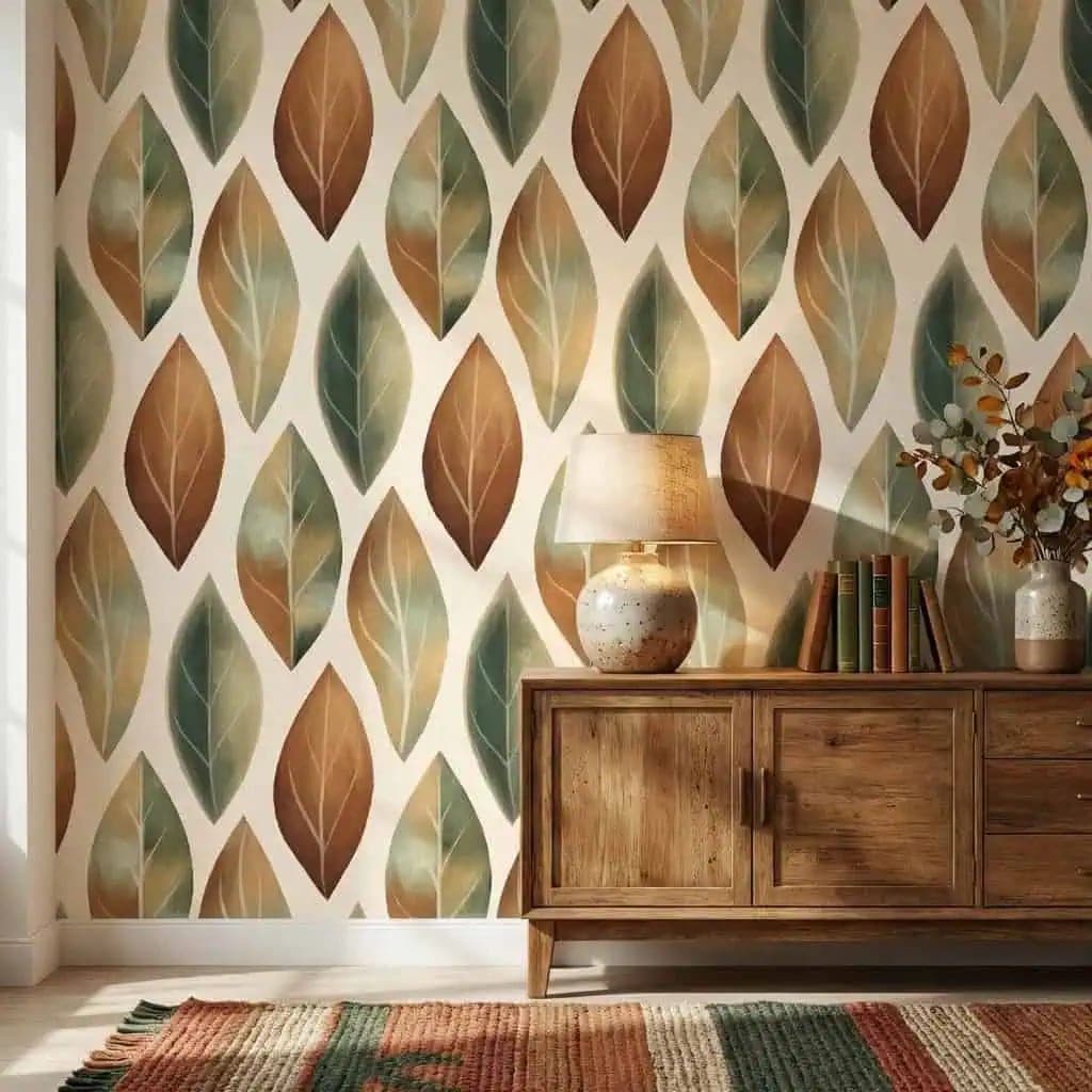 botanisch bladeren terracotta en diepgroen behang op maat in beige en bruin