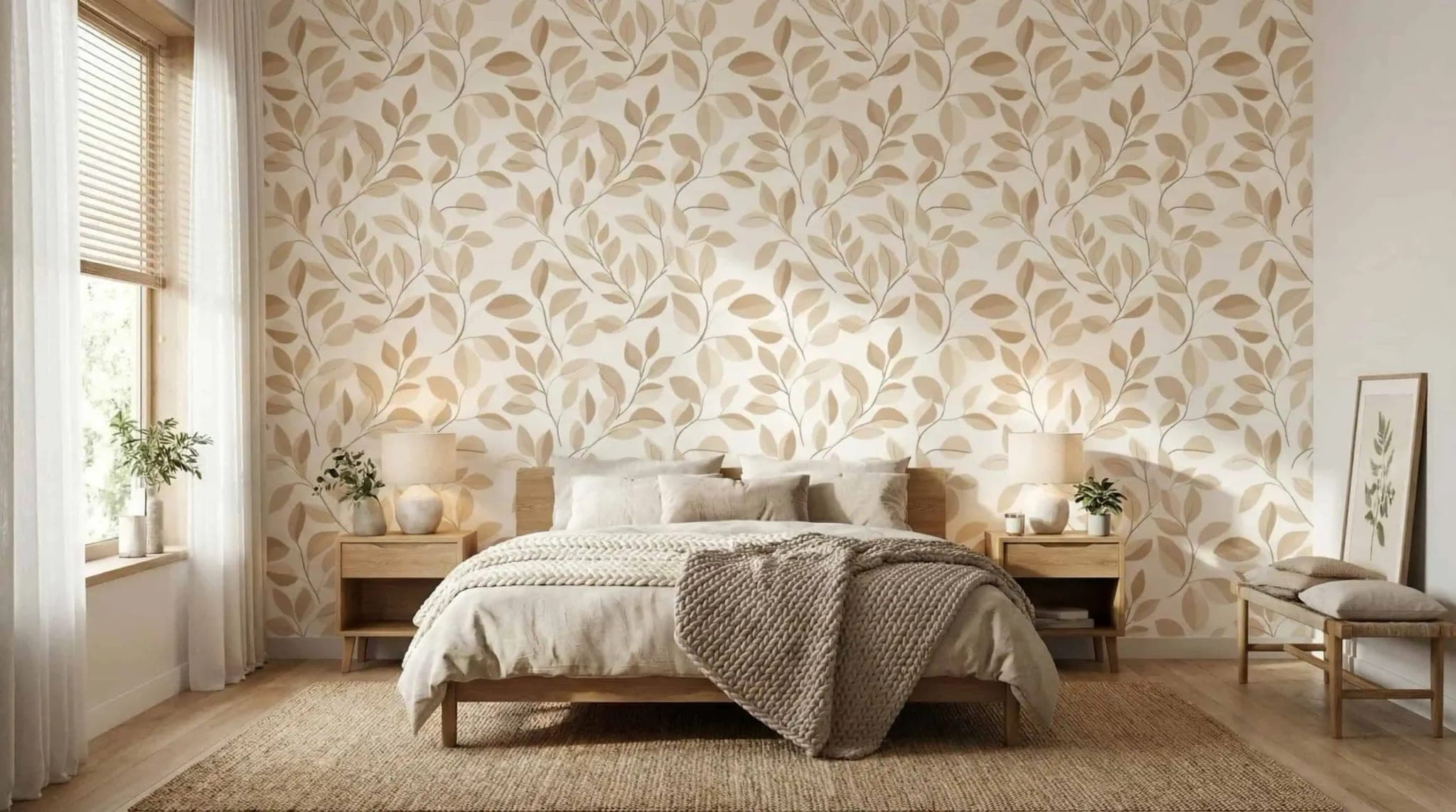 botanisch bladeren warme beige tinten behang op maat