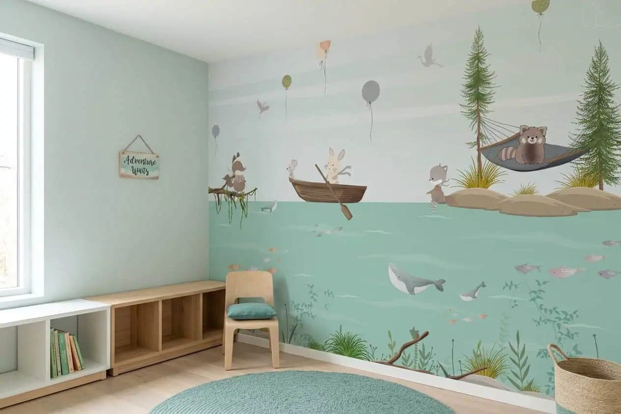 dieren avontuur aan het water pastelgroen behang op maat