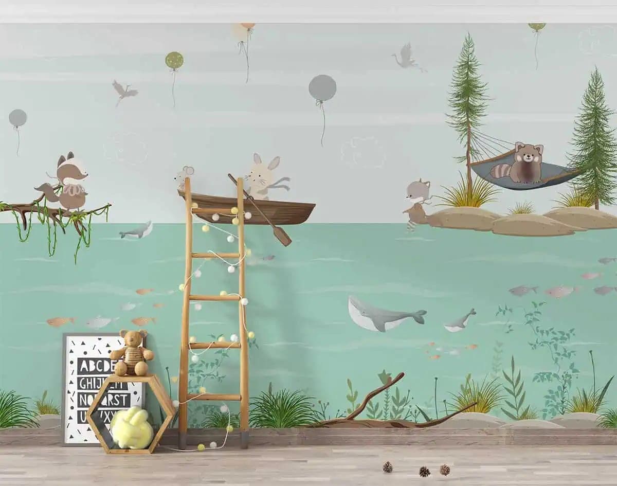 dieren avontuur aan het water pastelgroen behang — naadloos op maat geprint