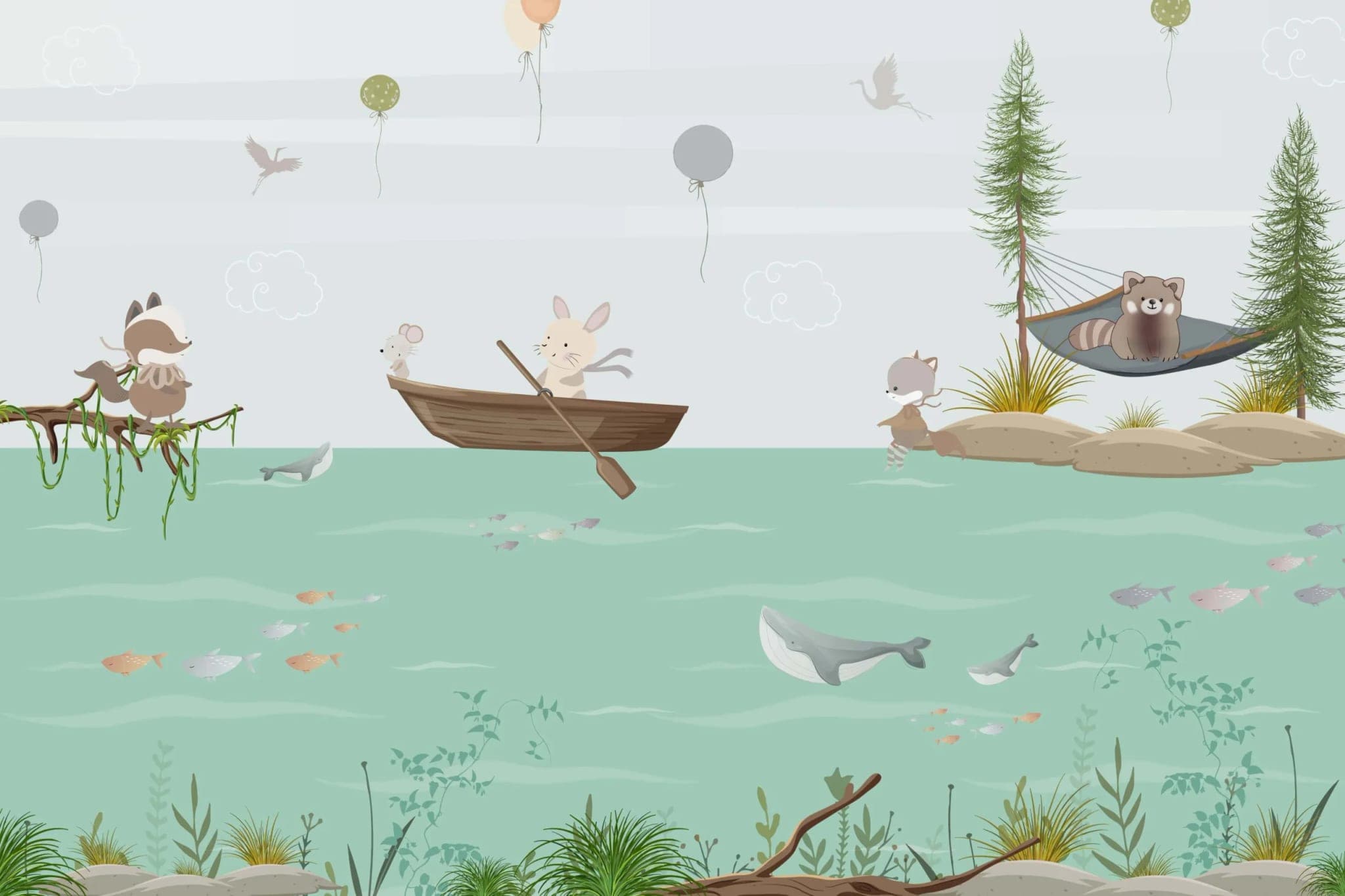 Fotobehang Dieren Avontuur aan het Water in Pastelgroen