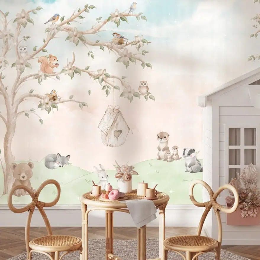 babykamer bosdieren en boom pastelkleuren behang op maat