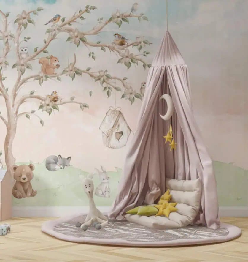 babykamer bosdieren en boom pastelkleuren behang op maat