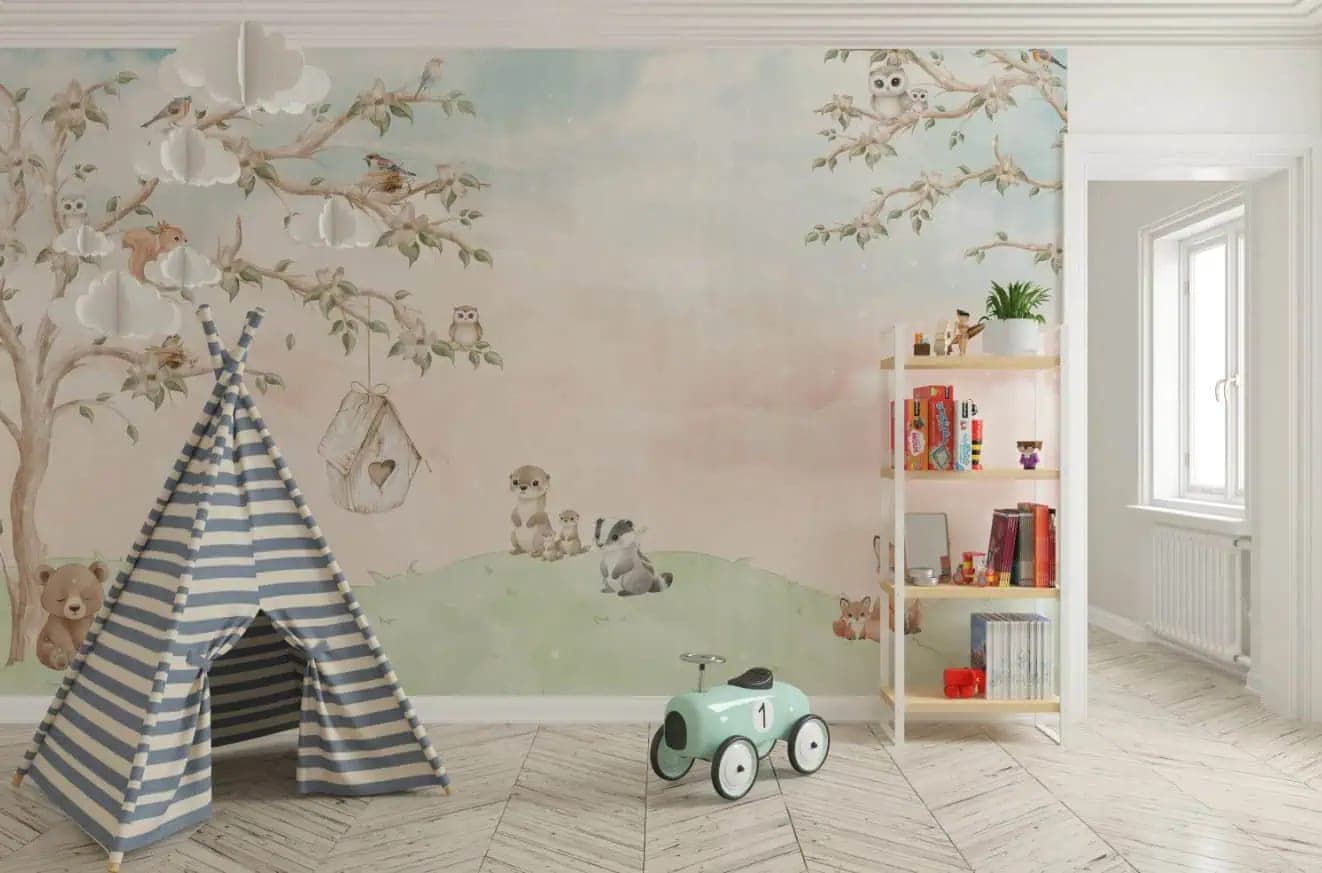 naadloos babykamer bosdieren en boom pastelkleuren behang op maat
