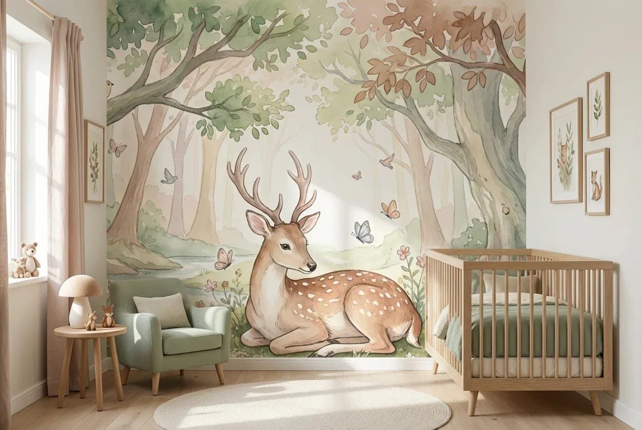 bosdieren sprookjesbos hert en vlinders pastel behang op maat