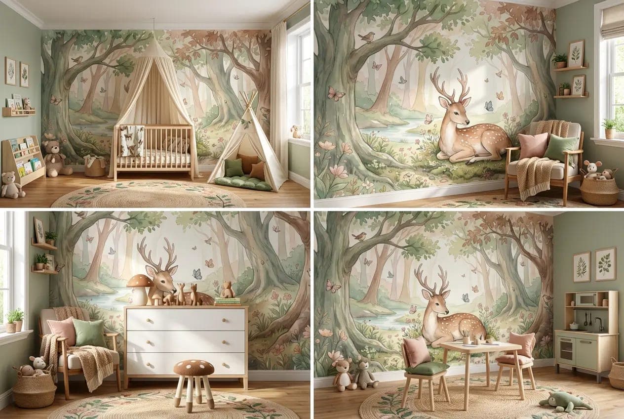 naadloos bosdieren sprookjesbos hert en vlinders pastel behang op maat