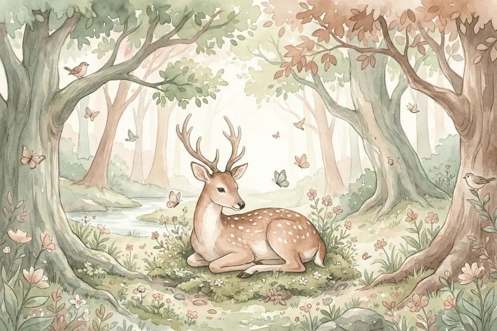 Fotobehang Bosdieren Sprookjesbos met Hert en Vlinders in Pastel
