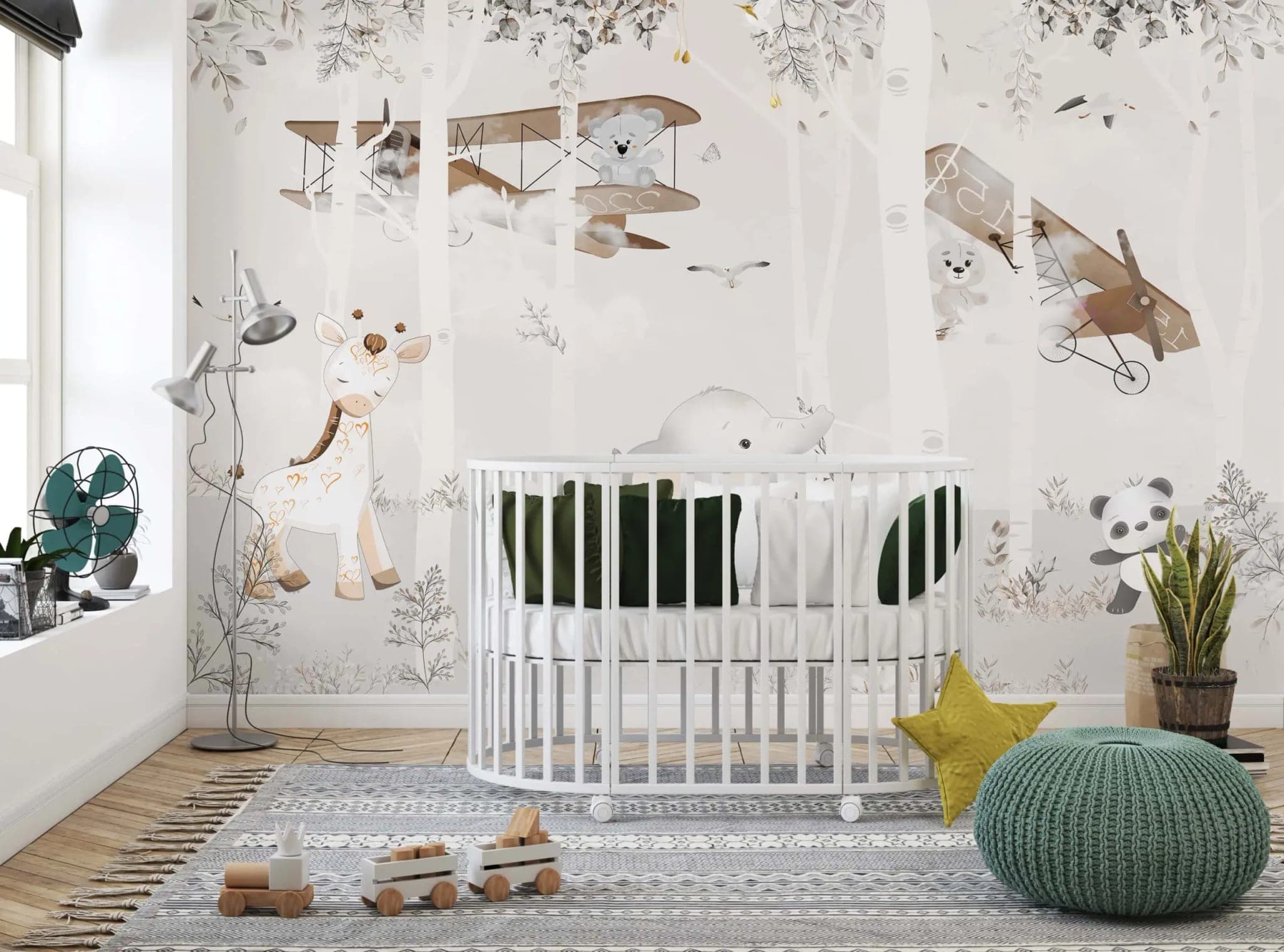 naadloos babykamer dieren en vliegtuigen zachte neutrale tinten behang op maat