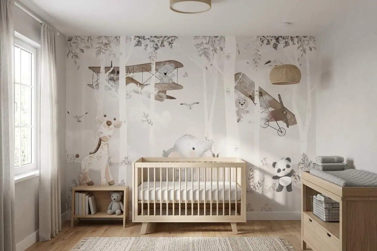 babykamer dieren en vliegtuigen zachte neutrale tinten behang in beige