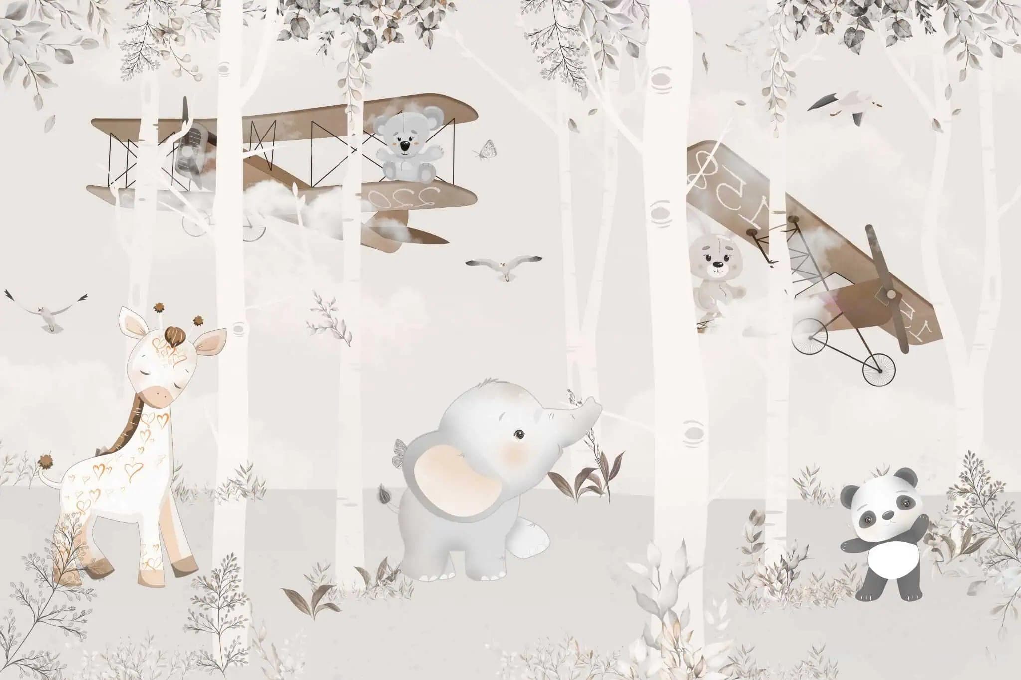 Fotobehang Babykamer met Dieren en Vliegtuigen in Zachte Neutrale Tinten