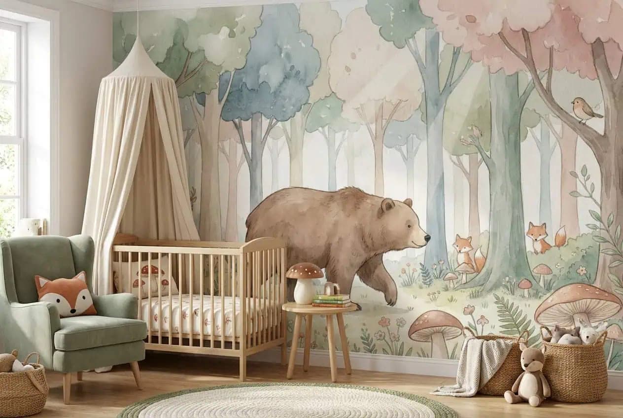 bosdieren beer en vosjes pastel bos behang op maat