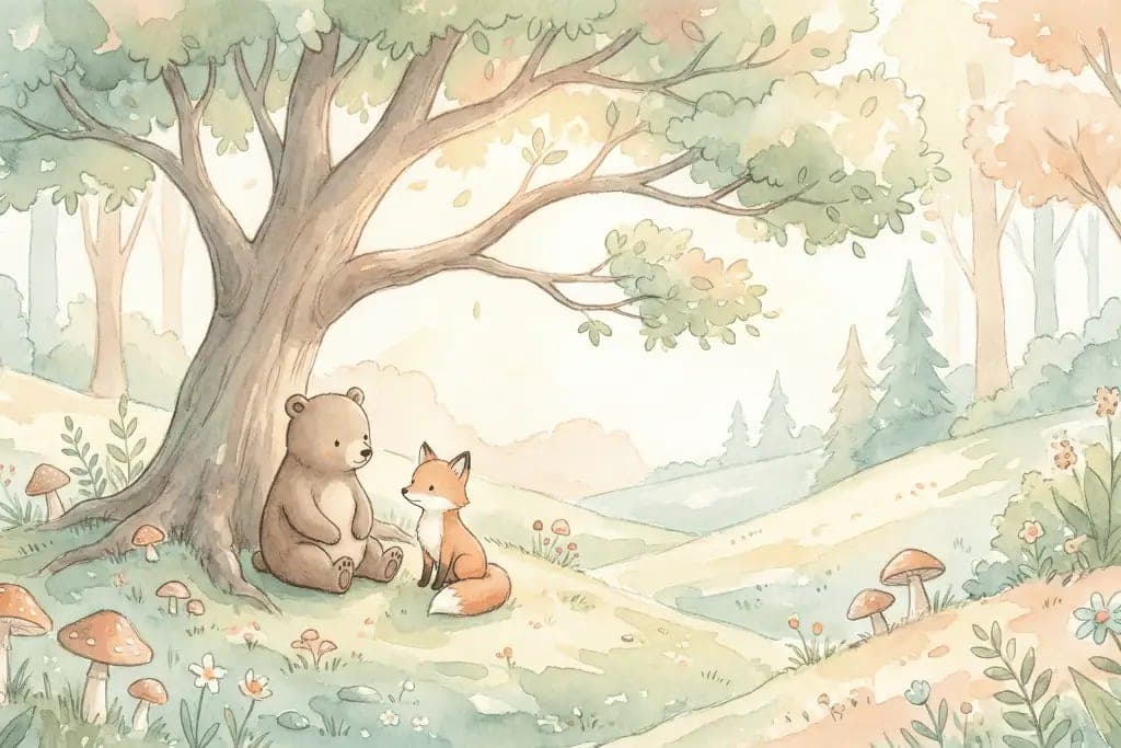 Fotobehang Bosdieren Vriendjes onder Grote Boom in Pastel Bos