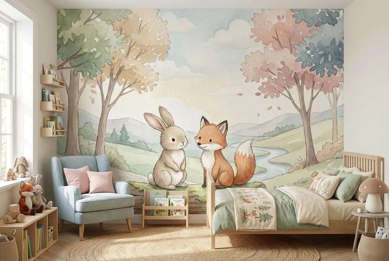 bosdieren vriendjes pastel boslandschap behang op maat