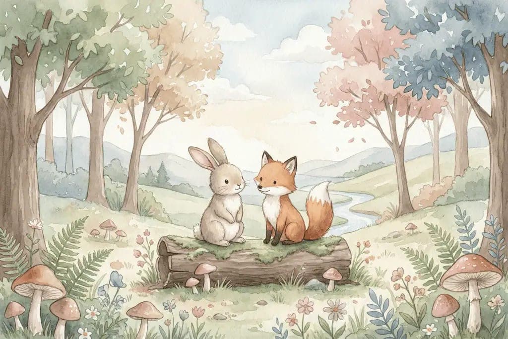 Fotobehang Bosdieren Vriendjes in Pastel Boslandschap