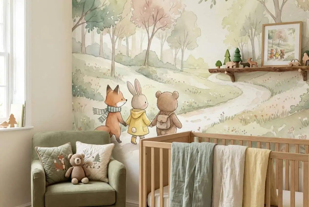 bosdieren vriendjes wandeling pastel bos behang op maat