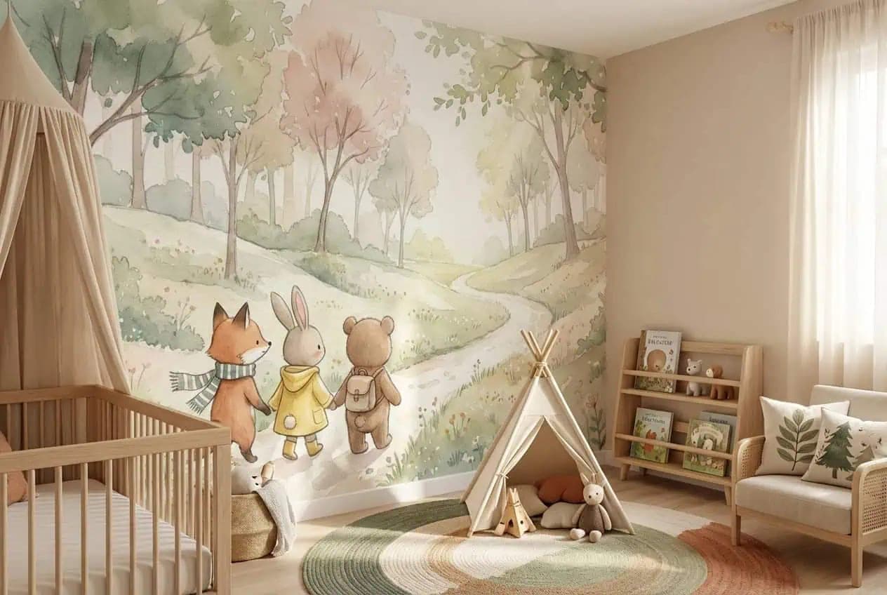 naadloos bosdieren vriendjes wandeling pastel bos behang op maat