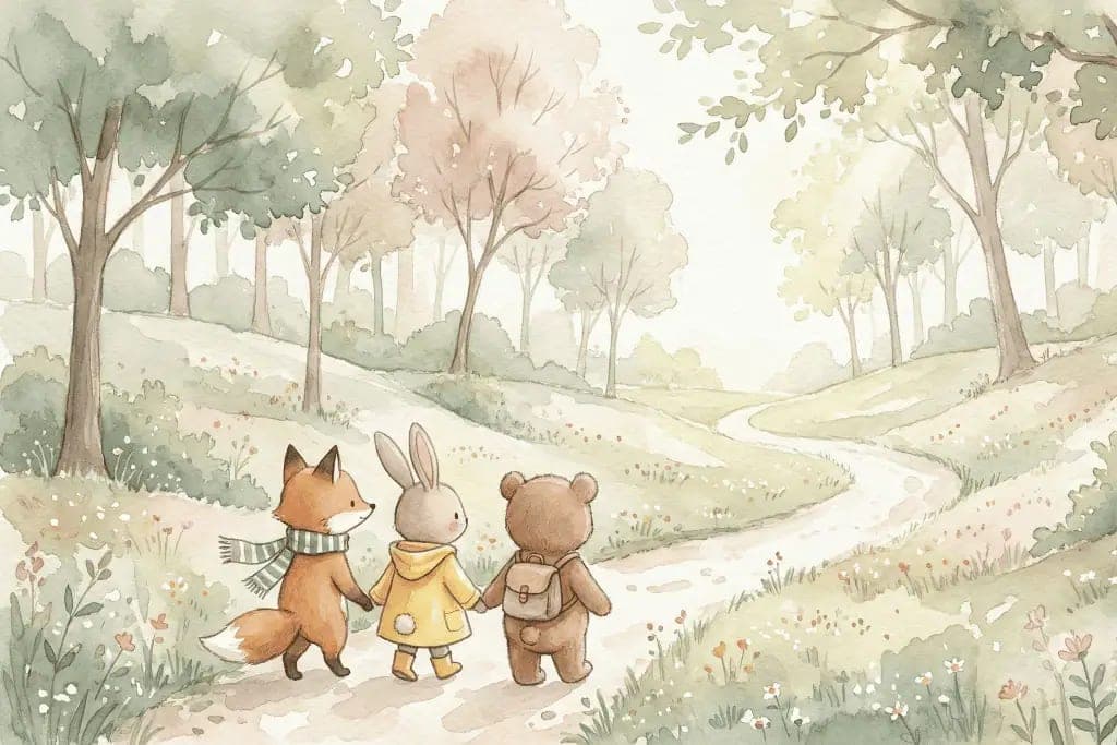 Fotobehang Bosdieren Vriendjes Wandeling in Pastel Bos