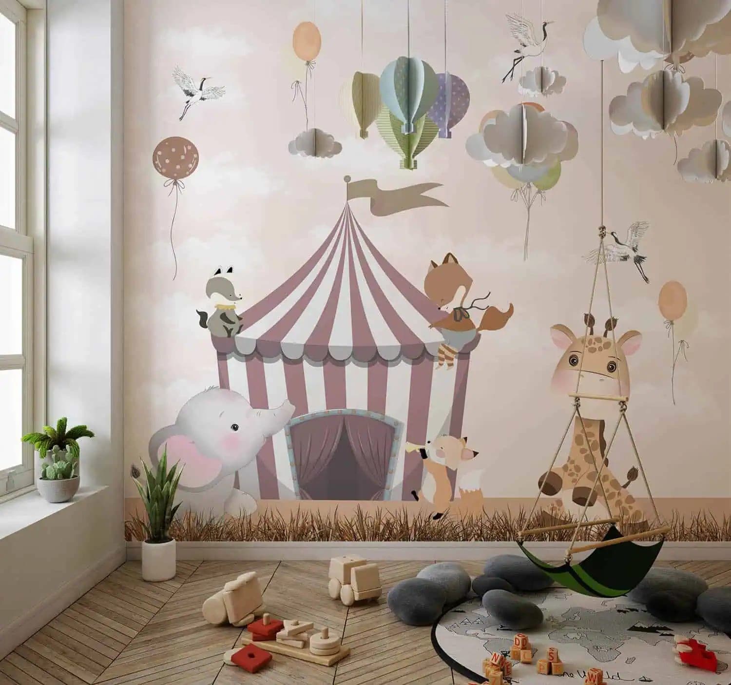 kinderkamer dieren circus en ballonnen pasteltinten behang op maat in roze