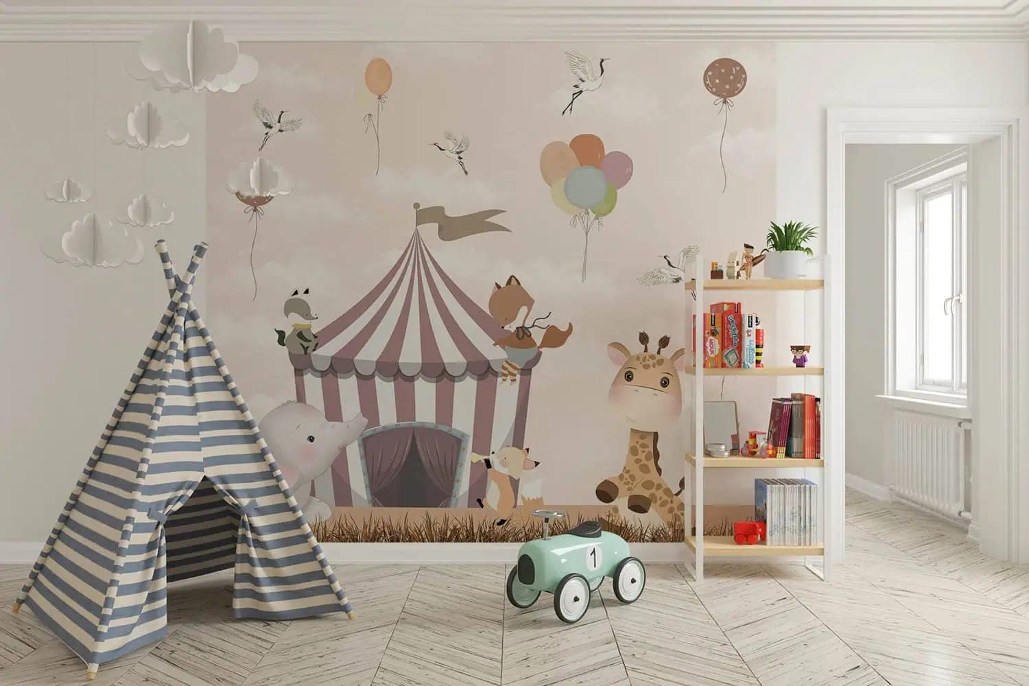 naadloos kinderkamer dieren circus en ballonnen pasteltinten behang op maat