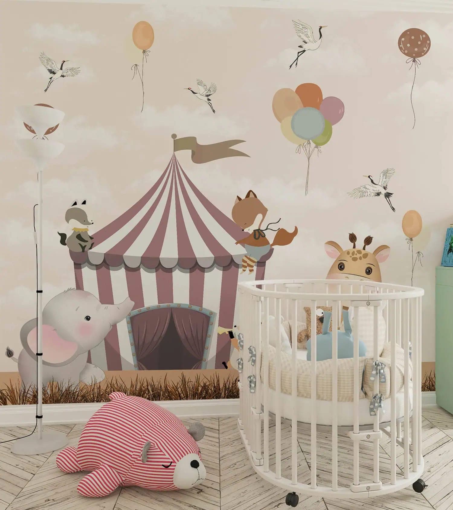 kinderkamer dieren circus en ballonnen pasteltinten behang in roze