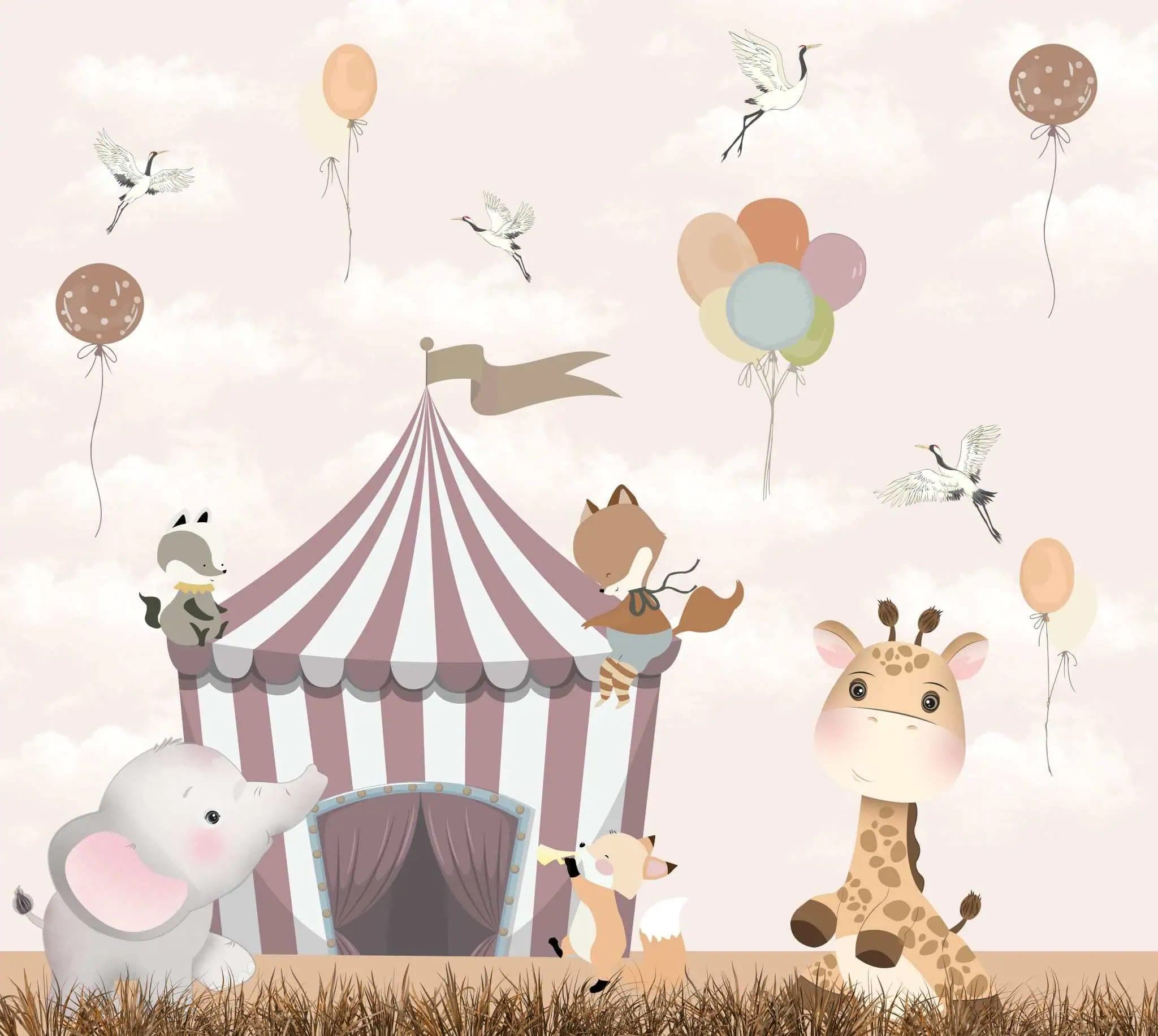 Fotobehang Kinderkamer met Dieren Circus en Ballonnen in Pasteltinten
