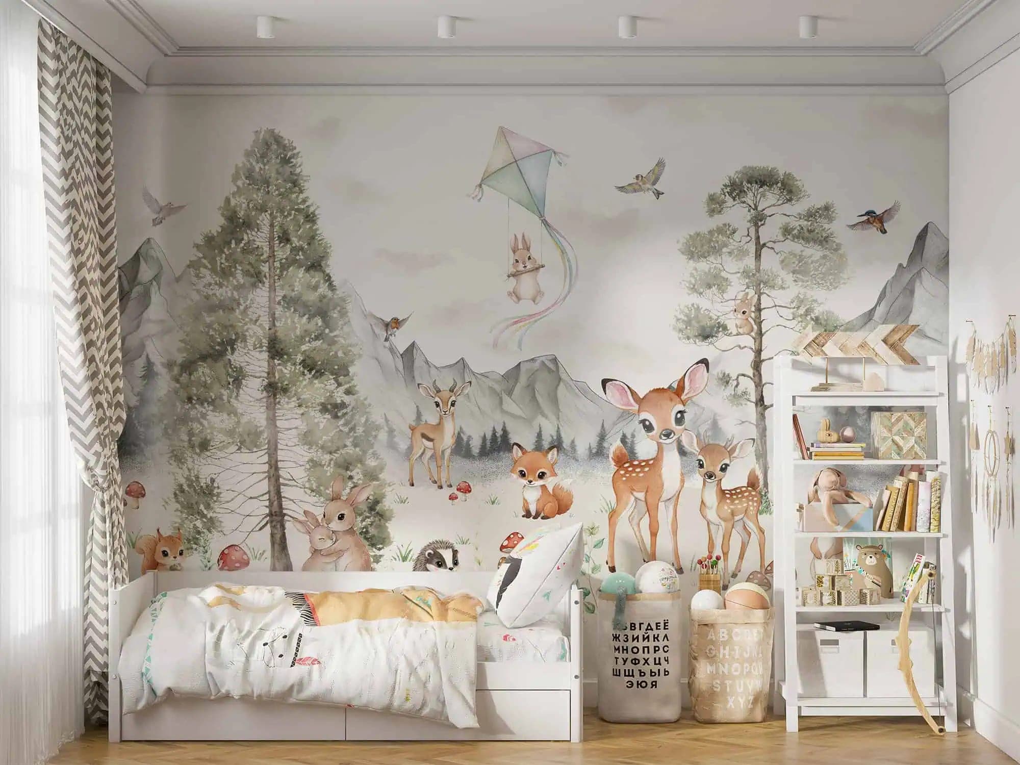 kinderkamer bosdieren en bergen zachte pastelkleuren behang op maat