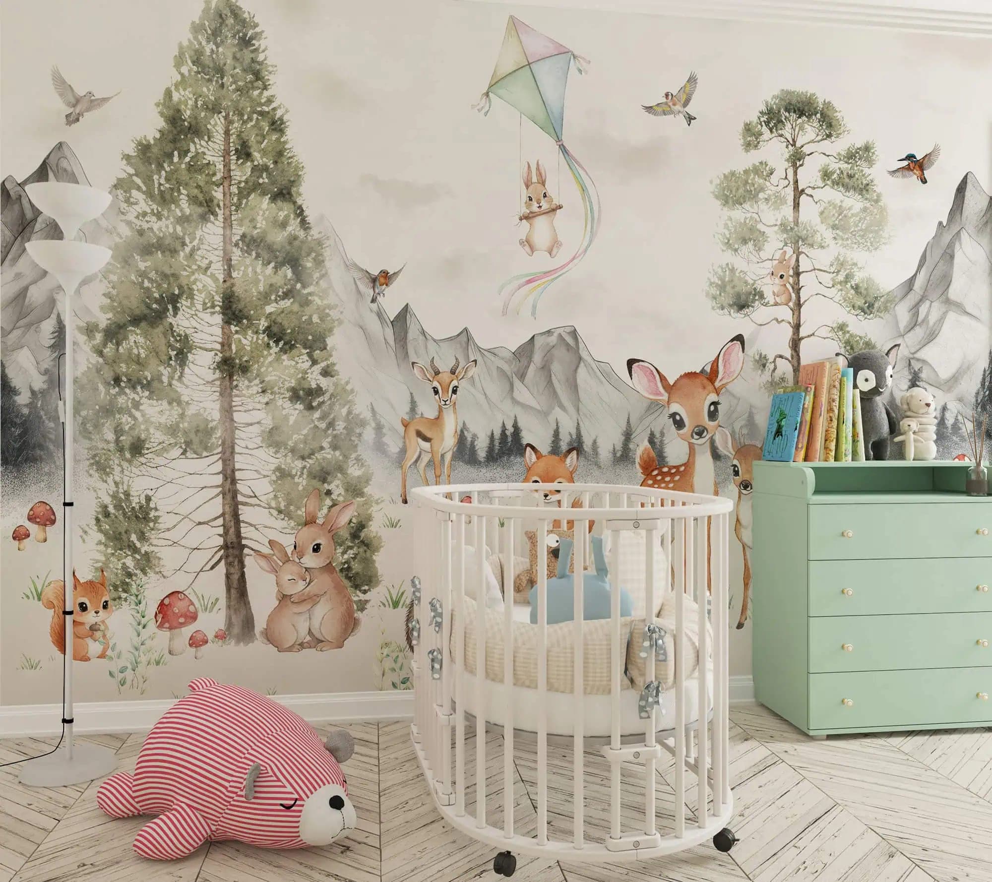naadloos kinderkamer bosdieren en bergen zachte pastelkleuren behang op maat