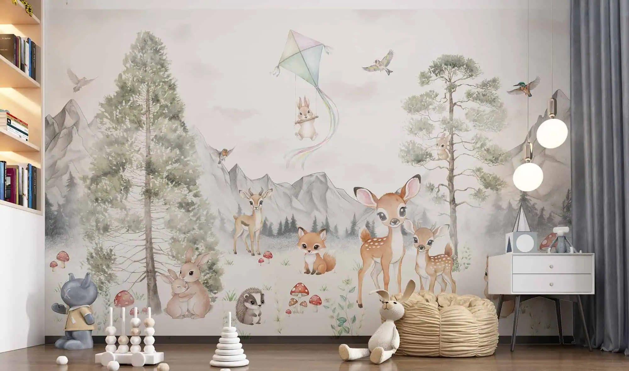 kinderkamer bosdieren en bergen zachte pastelkleuren behang — naadloos op maat geprint