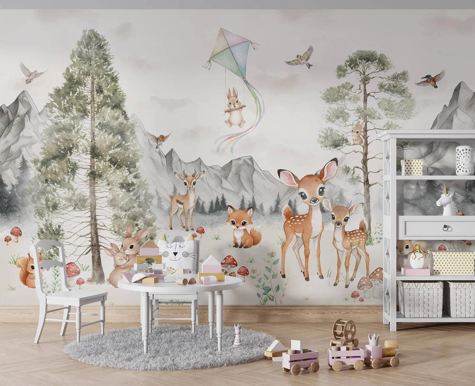 kinderkamer bosdieren en bergen zachte pastelkleuren behang