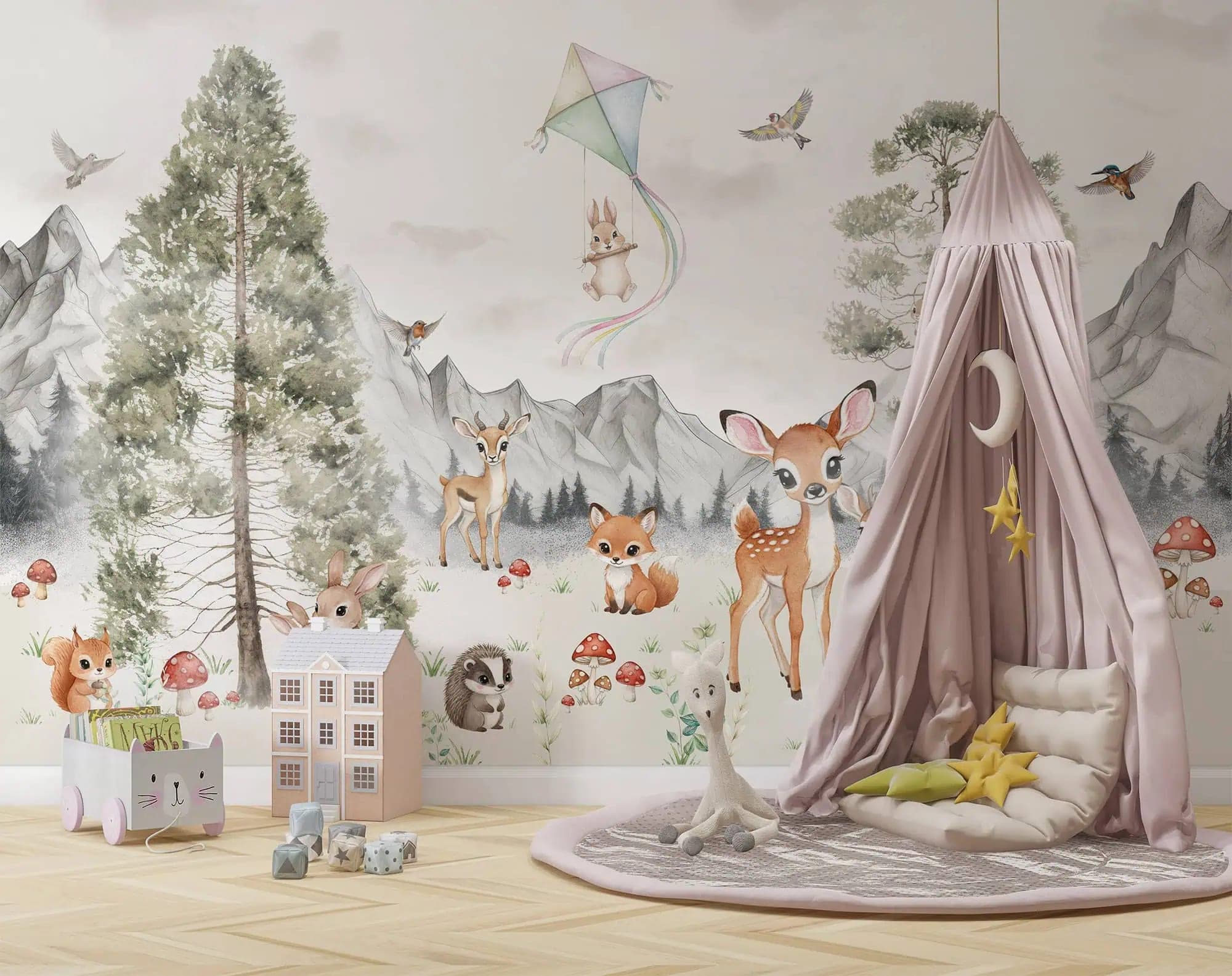 kinderkamer bosdieren en bergen zachte pastelkleuren behang op maat