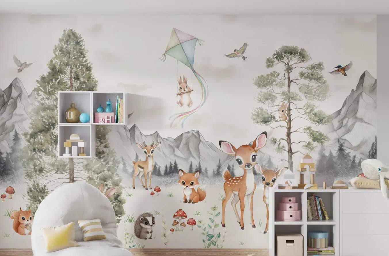 naadloos kinderkamer bosdieren en bergen zachte pastelkleuren behang op maat