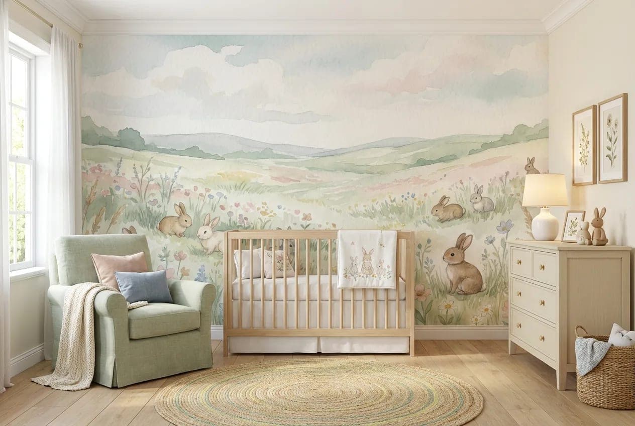 babykamer konijntjes pastel bloemenweide behang op maat
