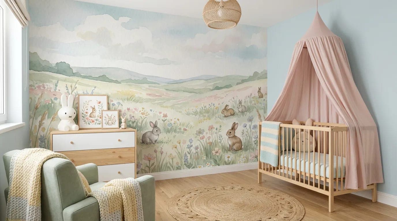 naadloos babykamer konijntjes pastel bloemenweide behang op maat