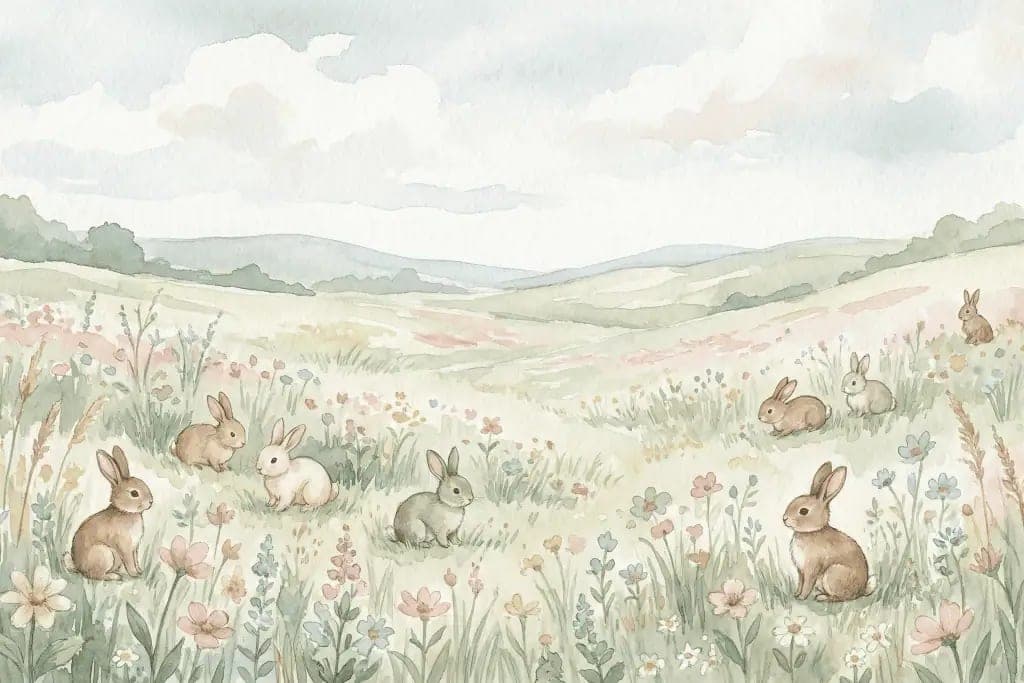Fotobehang Babykamer met Konijntjes in Pastel Bloemenweide