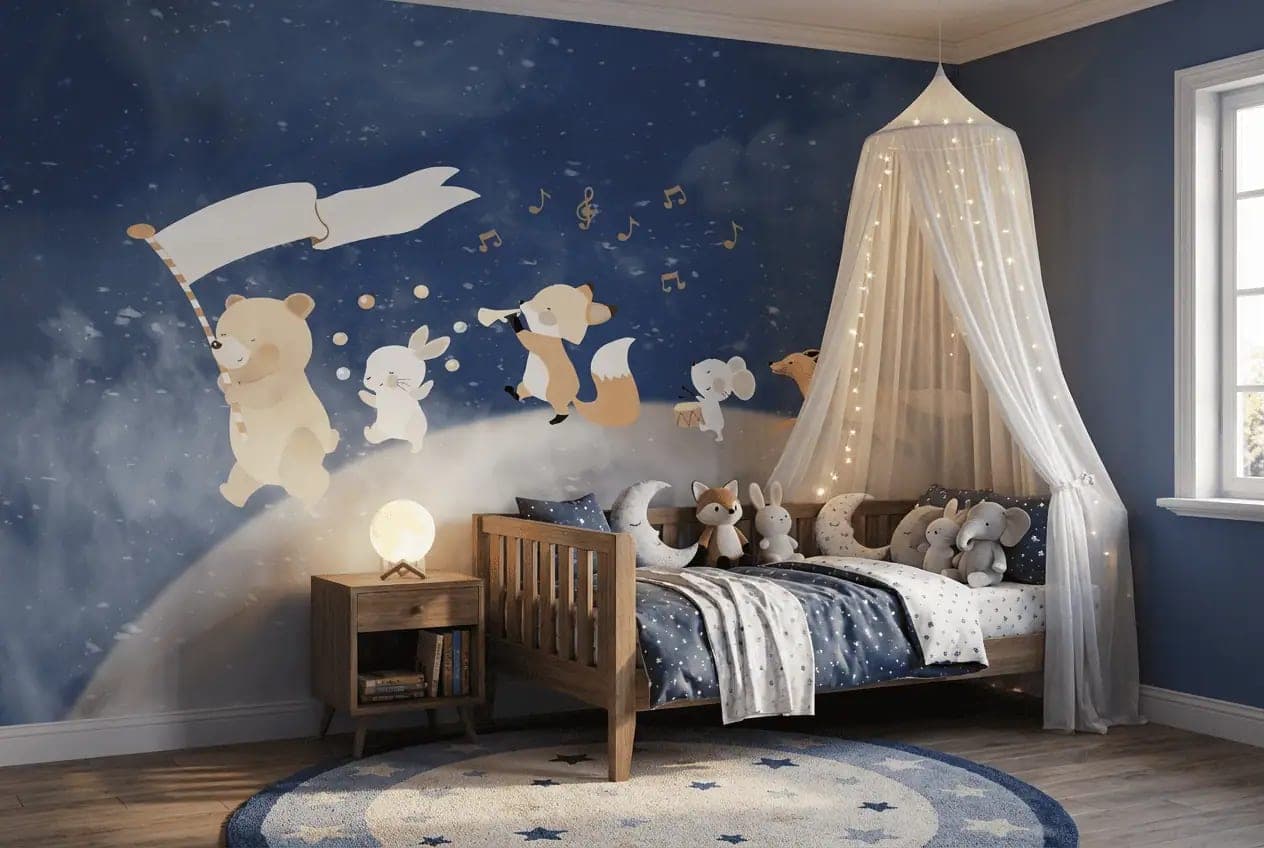 kinderkamer muzikale bosdieren op blauwe nacht behang op maat
