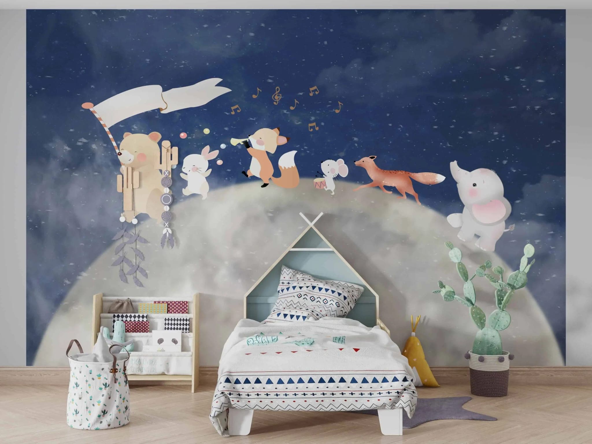 naadloos kinderkamer muzikale bosdieren op blauwe nacht behang op maat