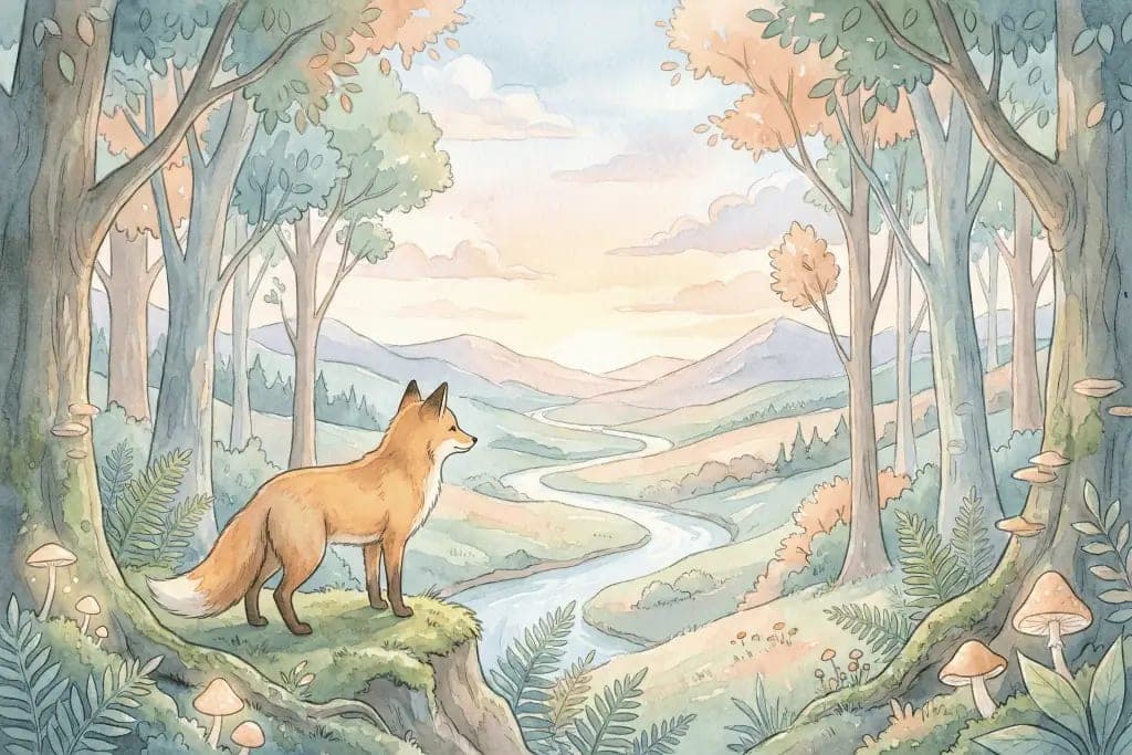 Fotobehang Dromerige Vos in Pastel Bos met Stromende Rivier