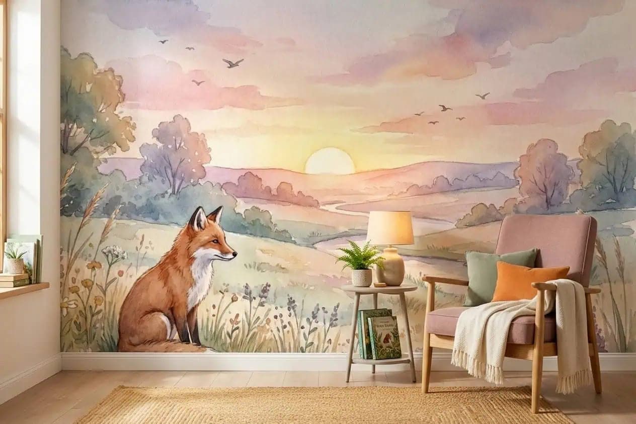 sprookjesachtige vos pastel landschap bij zonsopgang behang op maat